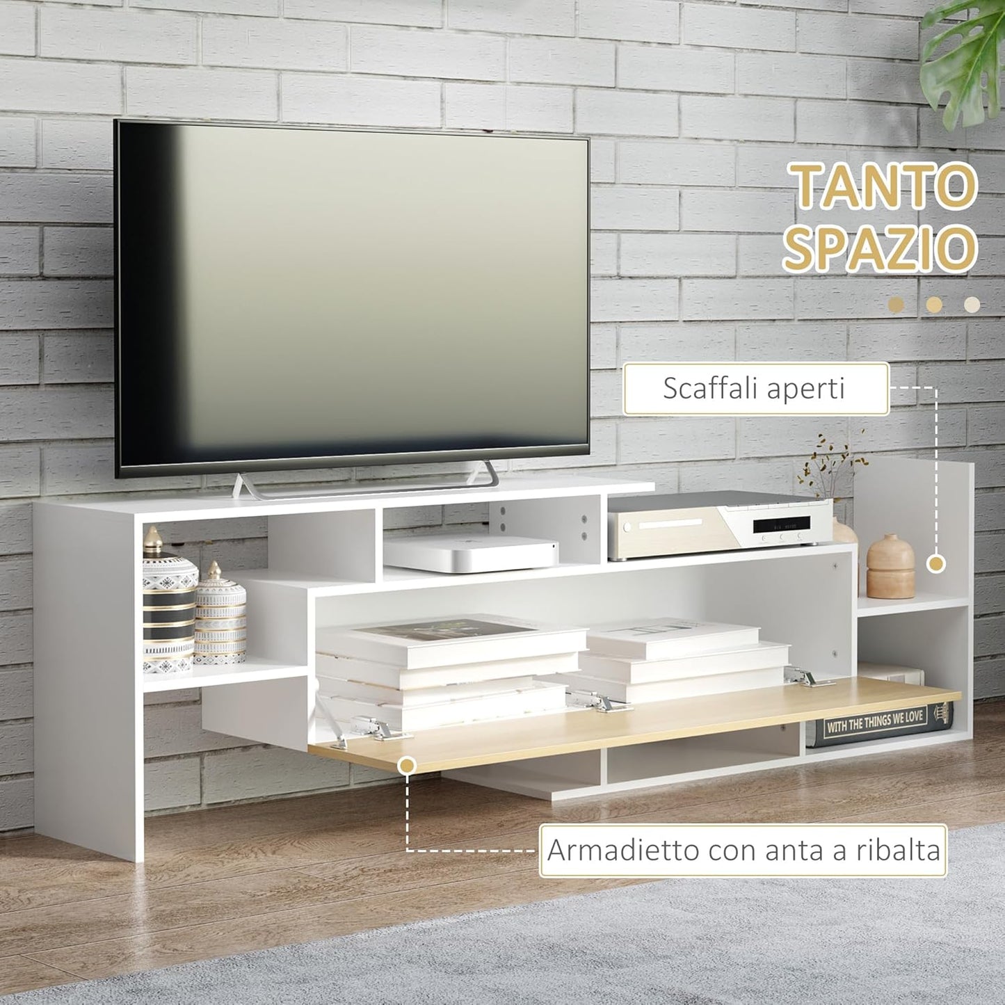 HOMCOM TV Unit with Wall Shelf, Open Shelves and Wooden Cabinet, Modern TV Unit for Living Room and Bedroom, White and Wood