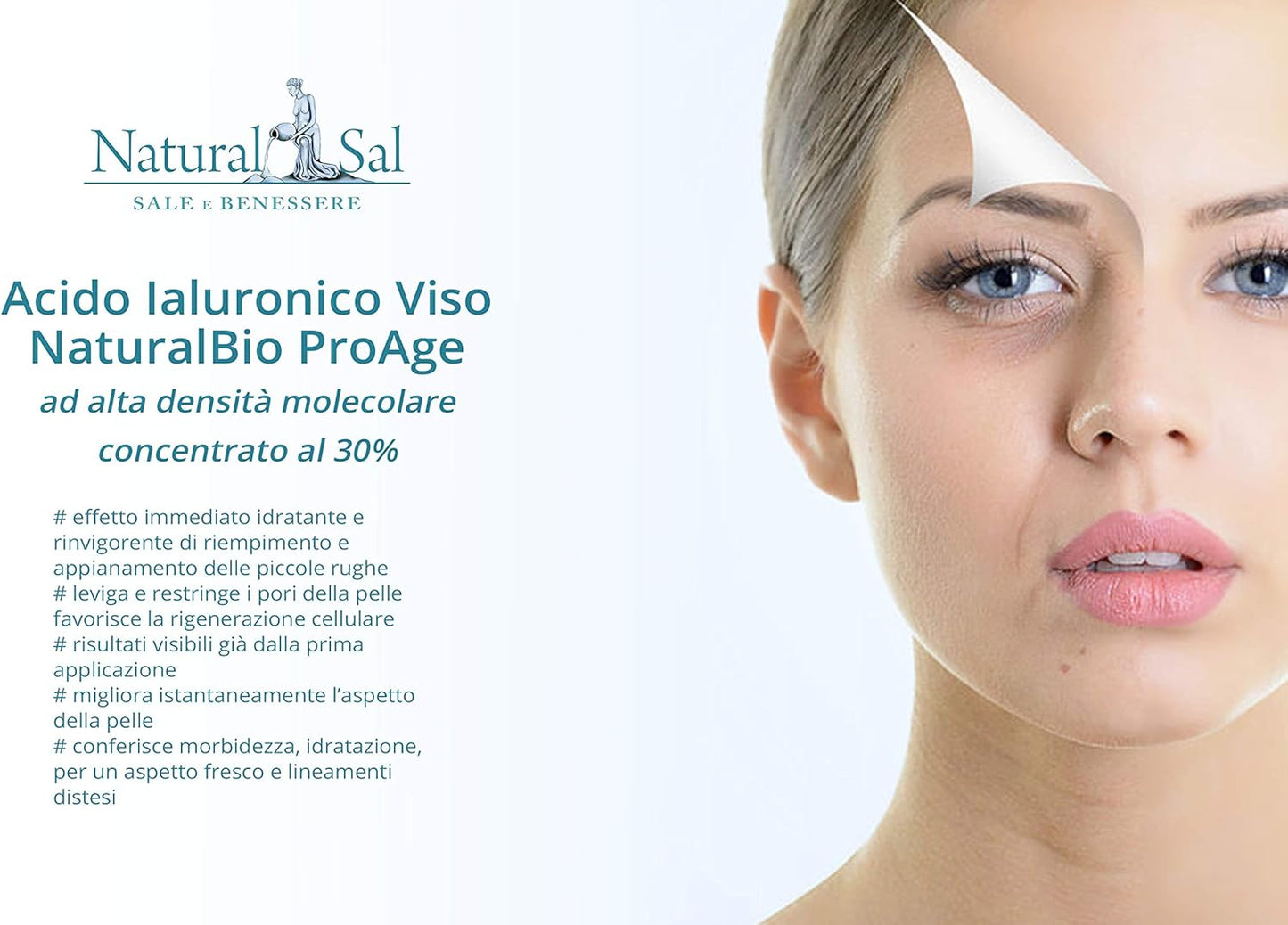 Natural Hyaluronic Acid. Lifting and Anti-Aging Effect, Great for the Face with Himalayan Pink Salt. ProAge Energizing for All Skin Types, 30 ml Made in Italy