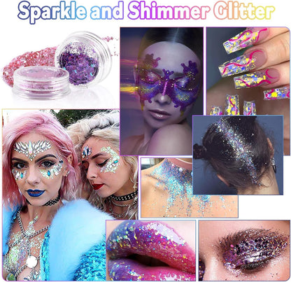 Laza Body Glitter, 2 Jars Holographic Chunky Sequins with Glitter Glue for Women Girls Eyeshadow Makeup Face Paint Festival Rave Outfits Hair Concert Accessories Carnival Party Costumes - Pink