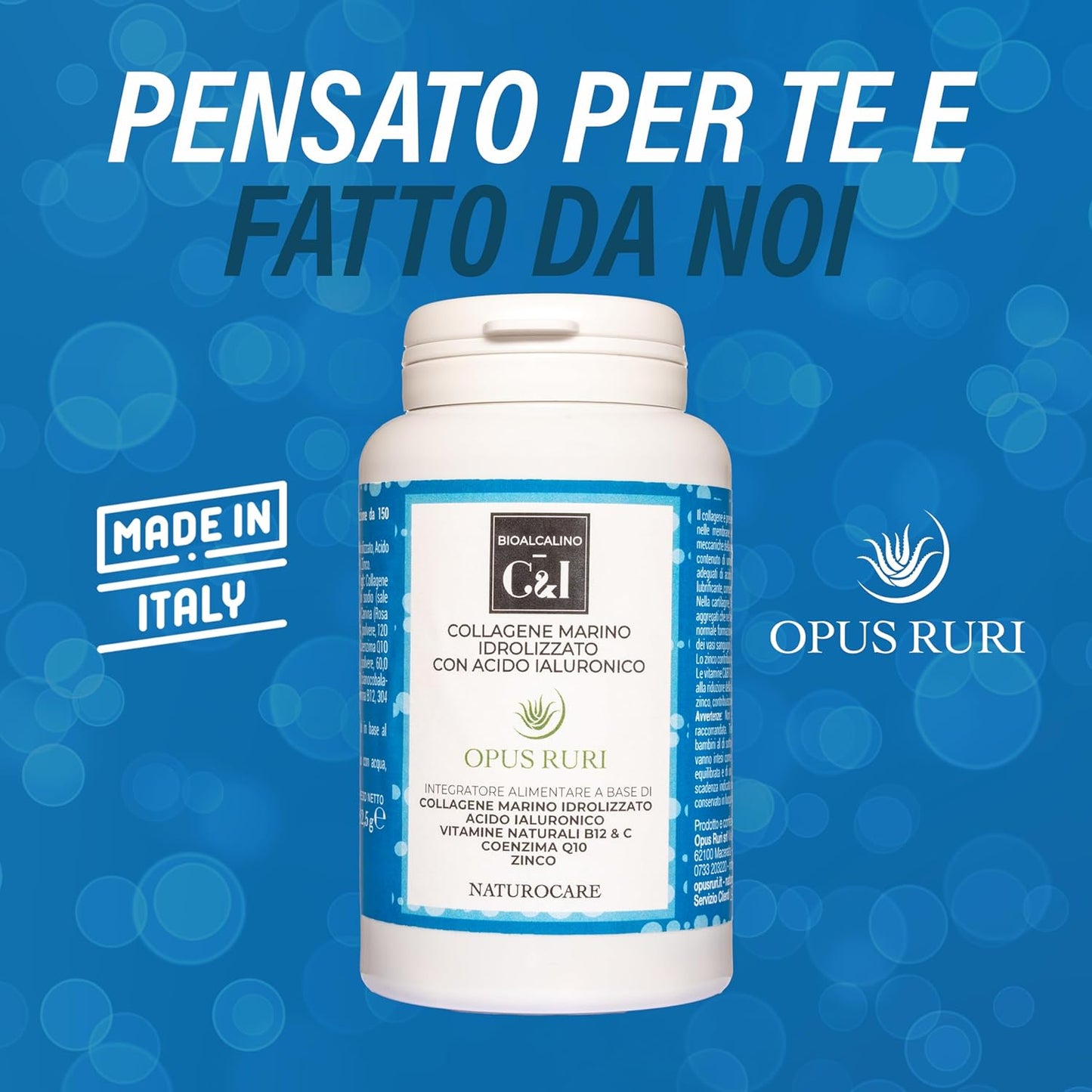 OPUS RURI Marine Collagen with Hydrolyzed Hyaluronic Acid with Vitamin C, B12, Coenzyme Q10-150 Capsules 450 mg – Food Supplement for Skin, Joints, Hair and Nails – Made in Italy