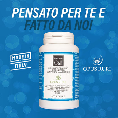 OPUS RURI Marine Collagen with Hydrolyzed Hyaluronic Acid with Vitamin C, B12, Coenzyme Q10-150 Capsules 450 mg – Food Supplement for Skin, Joints, Hair and Nails – Made in Italy