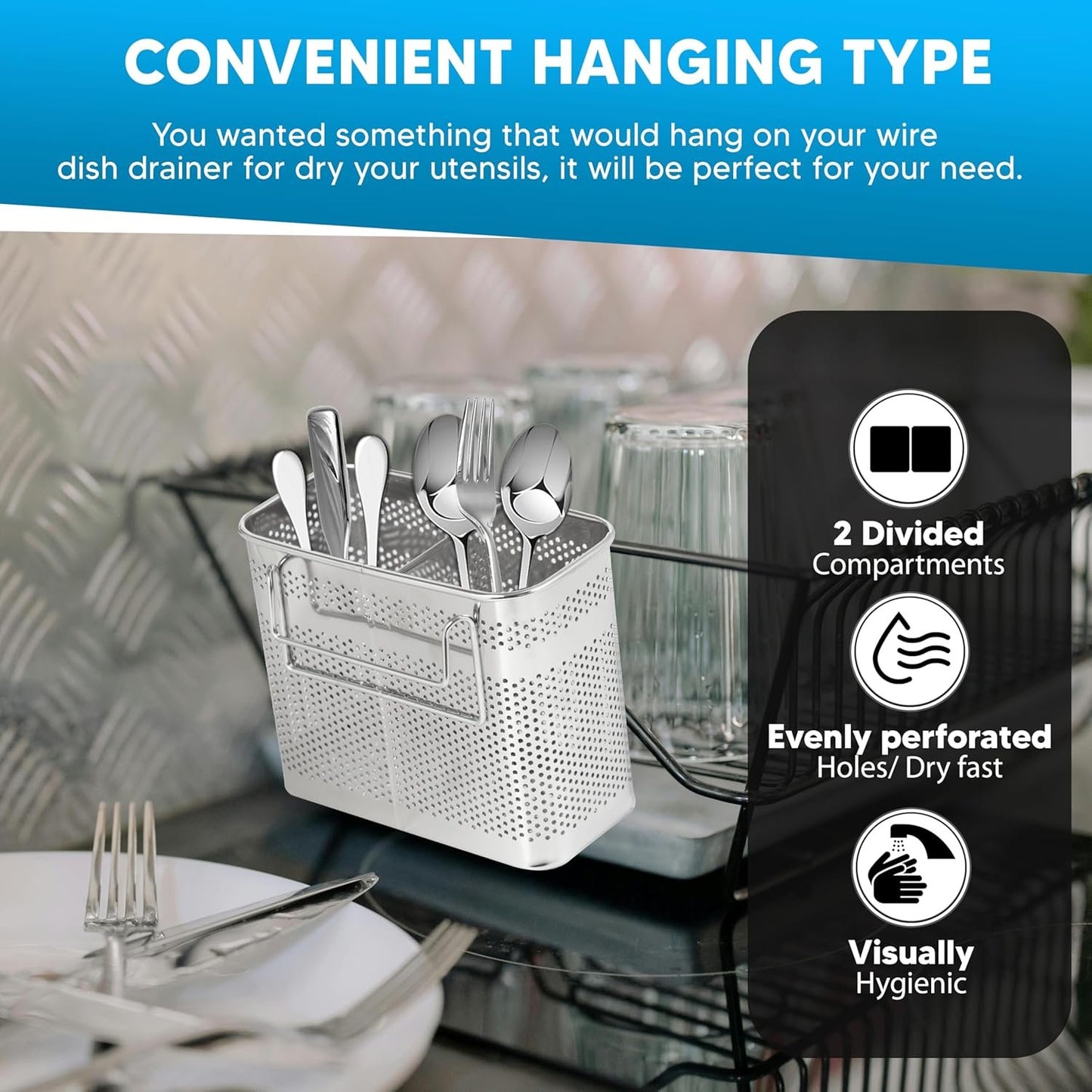 HOME&I Silverware Drying Basket, Kitchen Sink Utensil Holder Replacement,Thin Dish Drying Rack Countertop Organizer Stainless Steel 304 Flatware Cutlery Caddy Hold for Dish Drainer(2 Compartments)