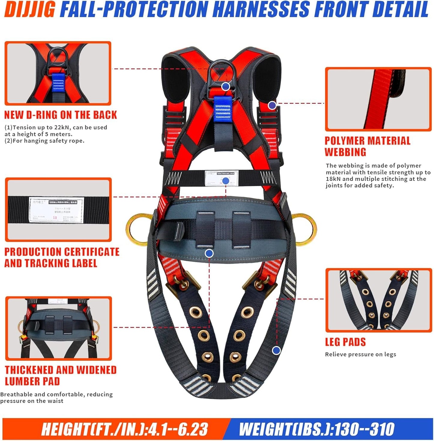 DIJJIG safety harness fall protection harness roofing harness construction harness fall protection safety harness lanyard arnes de seguridad para construccion OSHA/ANSI Compliant csa