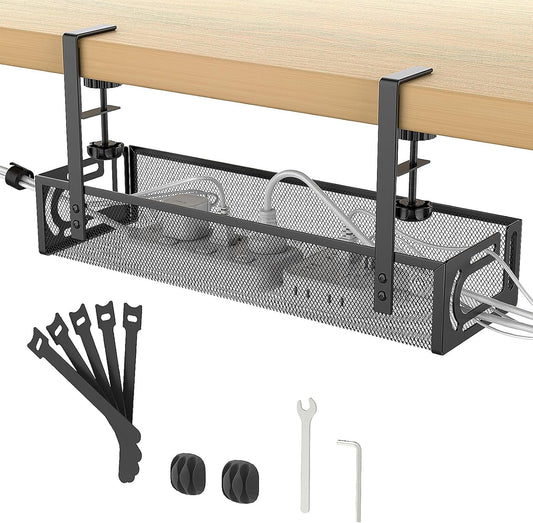 Under Desk Cable Management Tray No Drill, Metal Mesh Cable Tray with Clamp for Desk Wire Management, Desk Cable Management Box and Cord Organizer for Office, Home
