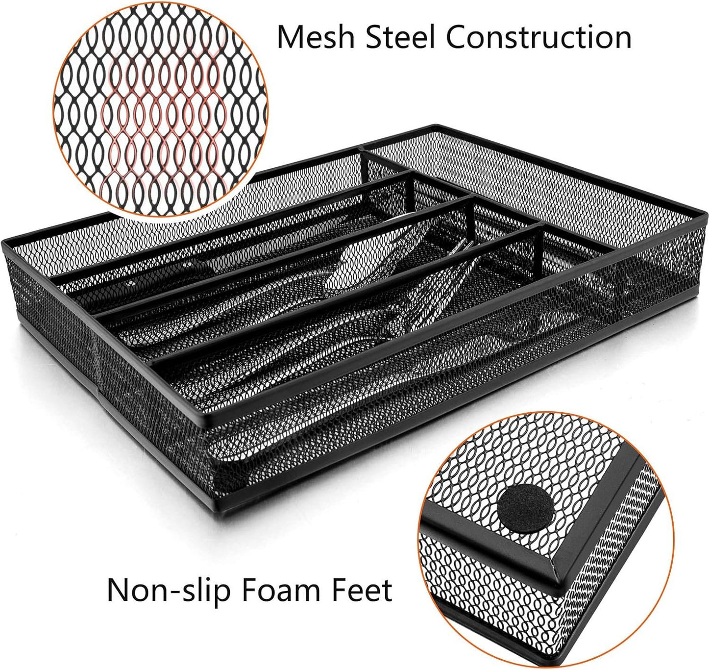 E-far Kitchen Drawer Organizer, Mesh Wire Utensil Tray Drawer Organizer, Black Narrow Metal Silverware Flatware Cutlery Holder/Divider with Foam Feet, 5 Compartment & Small Size - 12.5 x 9.25-Inch
