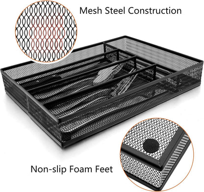 E-far Kitchen Drawer Organizer, Mesh Wire Utensil Tray Drawer Organizer, Black Narrow Metal Silverware Flatware Cutlery Holder/Divider with Foam Feet, 5 Compartment & Small Size - 12.5 x 9.25-Inch