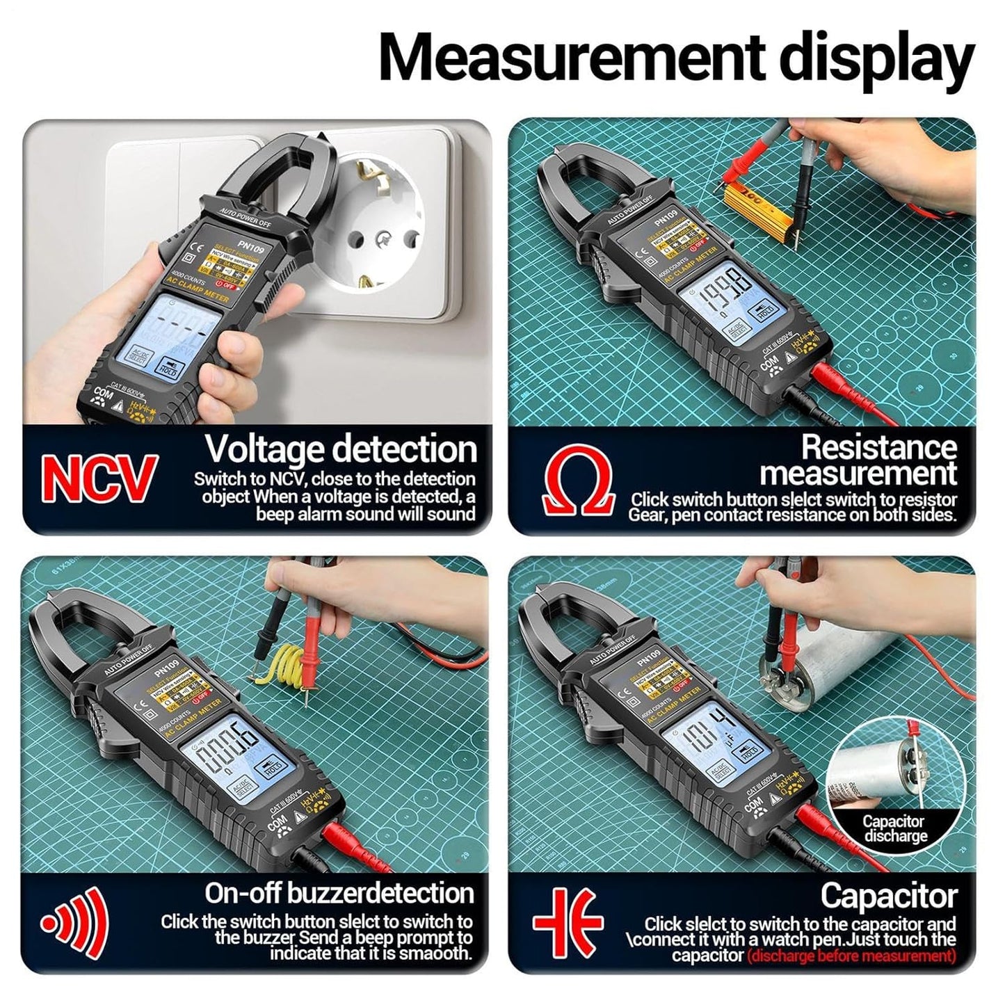 Clamp Multimeter 4000 Count Digital Multimeter with Case, LCD Backlight Display, Safety Protection, Automatic Range Detection, Professional Automotive Tool for Accurate Measurements and Diagnostics