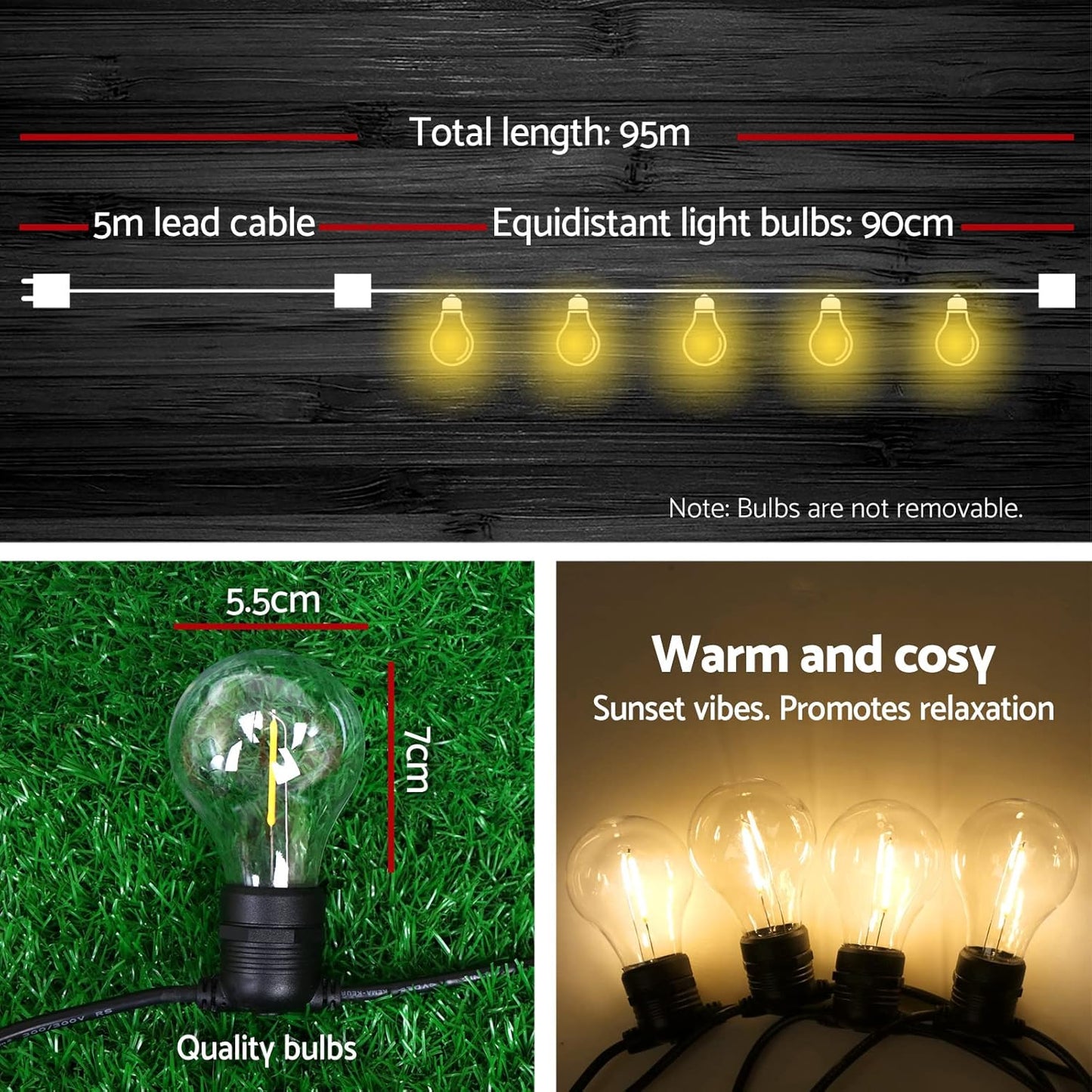 Jingle Jollys Festoon Lights Outdoor 95M Warm White Fairy String Light with 100 LED Bulbs, Christmas Decoration Garden Party Wedding Yard Decorations Lighting Strip Bulb, IP44 Waterproof