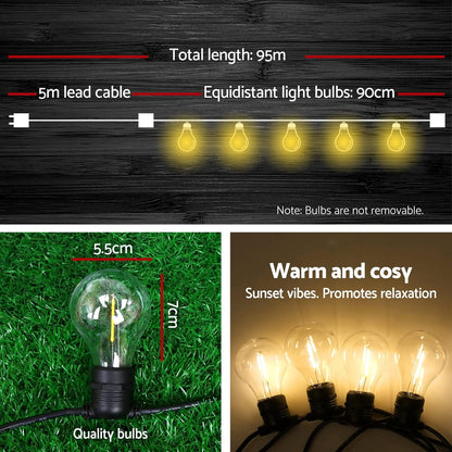 Jingle Jollys Festoon Lights Outdoor 95M Warm White Fairy String Light with 100 LED Bulbs, Christmas Decoration Garden Party Wedding Yard Decorations Lighting Strip Bulb, IP44 Waterproof