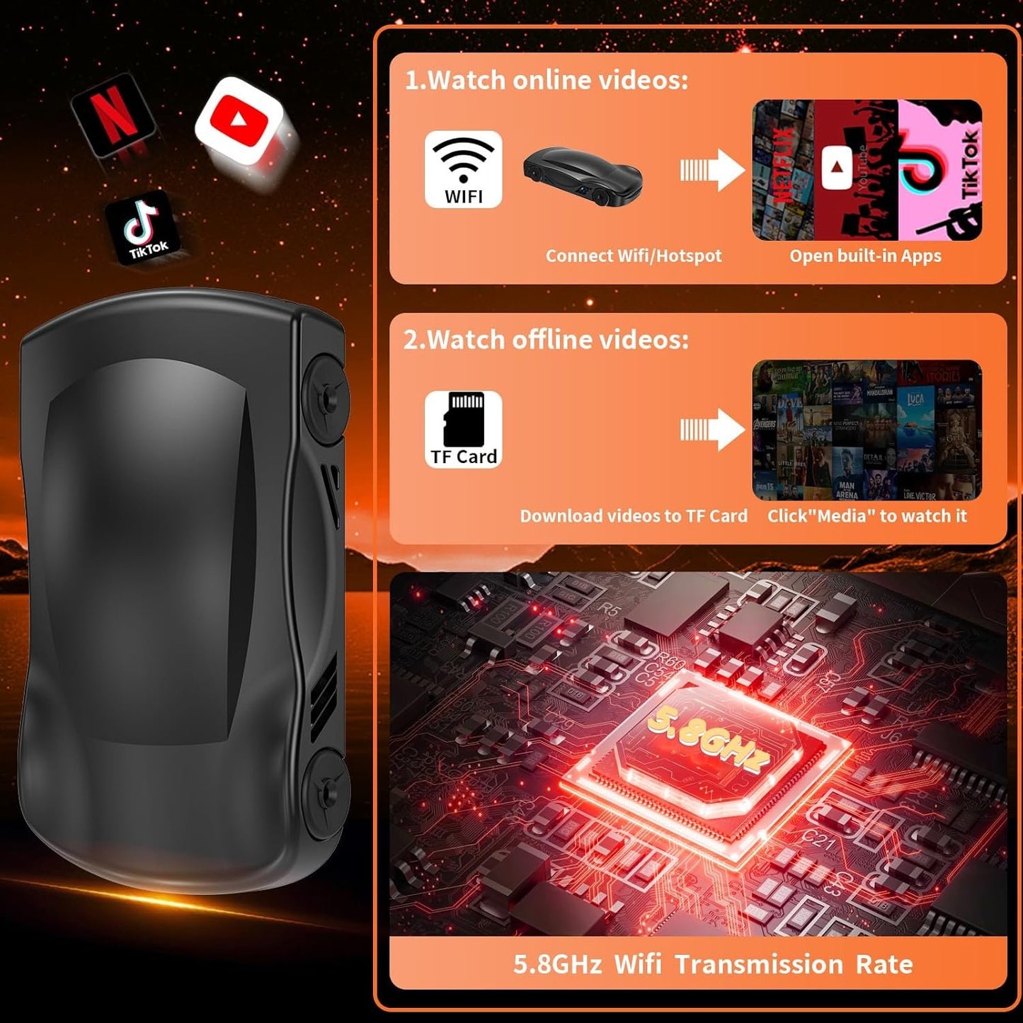 4-in-1 Carplay Ai Box,Wireless CarPlay & Android Auto Adapter,Compatible with Netflix/YouTube/TIK Tok/Screen Mirror Link/TF Card,Suitable for Cars Equipped with OEM Wired CarPlay,Plug & Play