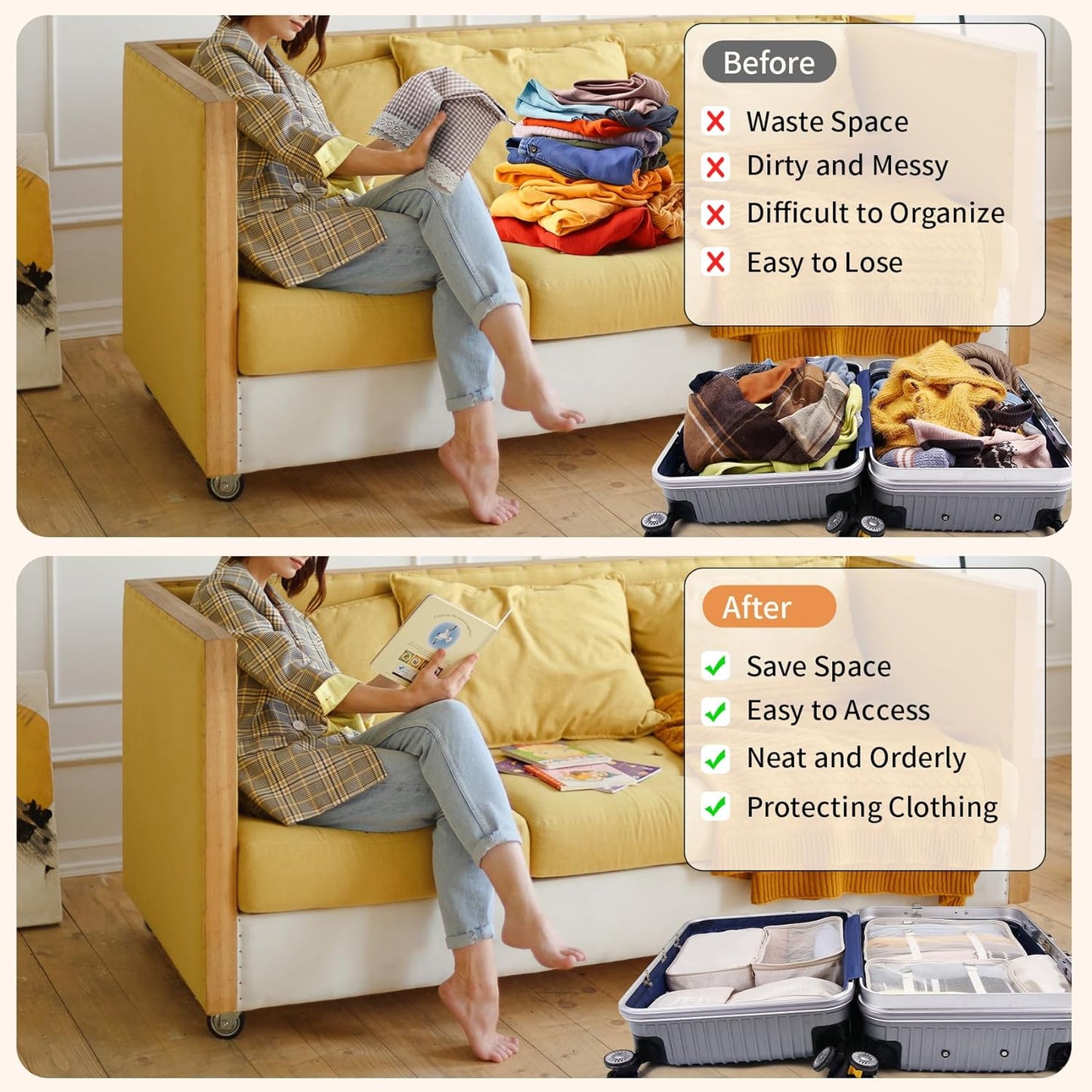 SUPERBE Luggage Organizer, Set of 7 Waterproof Packing Cubes for Travel, Shoes, Underwear - Travel Set (Beige)