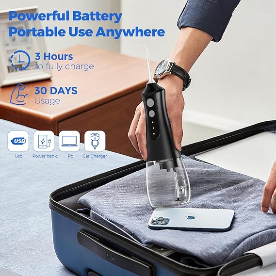 Water Dental Flosser Pick: 350ML Portable Cordless Oral Irrigator with 3 Modes Rechargeable Irrigation Cleaner for Teeth Deep Cleaning, IPX7 Waterproof Electric Flossing Machine for Home, Travel-Black