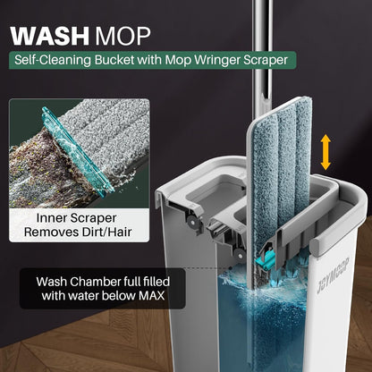 JOYMOOP Mop and Bucket with Wringer Set, Hands Free Flat Floor Mop and Bucket, with 3 Washable Microfiber Mops, Wet and Dry Use, Floor Cleaning System