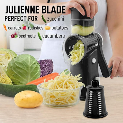 Zulay Kitchen Rotary Cheese Grater 5 Blade Cheese Shredder - Manual Hand Crank Cheese Grater With Reinforced Suction & 5 Interchangeable Drums - Easy to Use, Vegetable Chopper Round Mandoline Slicer