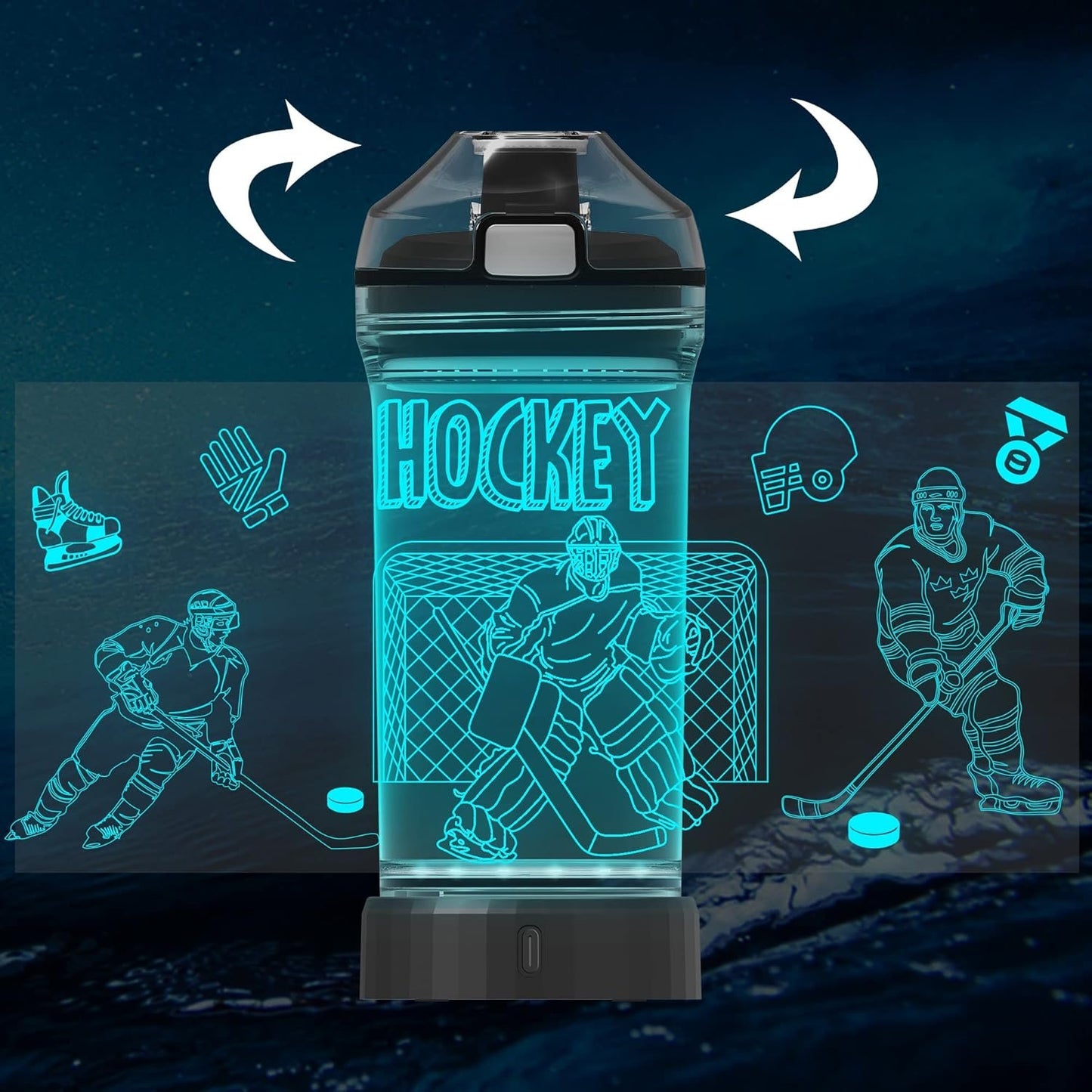 Hockey Water Bottle for Kids, Attivolife Light up 3D Travel Cup with 14 OZ Tritan BPA Free Eco-Friendly - Timer Function, Cool Drinking Cups Gifts for Hockey Player Boy School Sports Camping Picnic