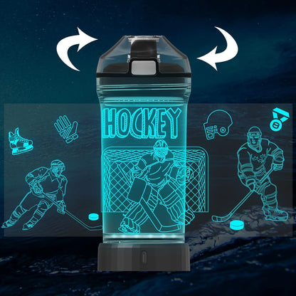 Hockey Water Bottle for Kids, Attivolife Light up 3D Travel Cup with 14 OZ Tritan BPA Free Eco-Friendly - Timer Function, Cool Drinking Cups Gifts for Hockey Player Boy School Sports Camping Picnic
