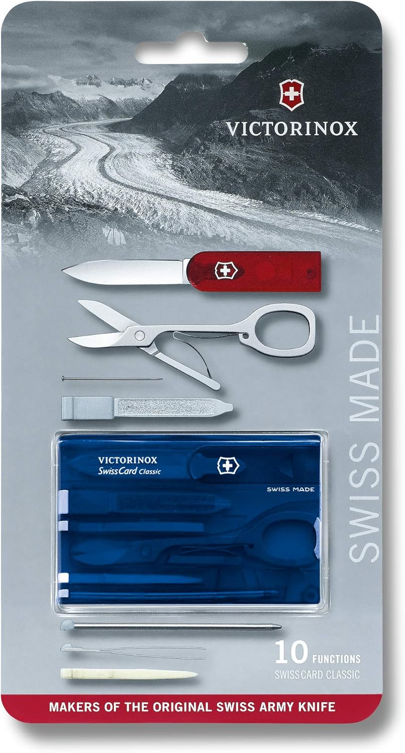 Victorinox Swiss Card Classic Transparent Blue Multi-tool Card, ABS/Cellidor Handle, 82mm x 55mm x 4mm, 26g, 10 Functions