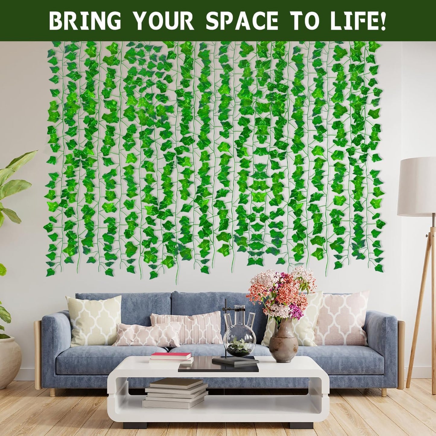 27 Pack 195Ft Artificial Ivy, Garland Fake Vines Leaves Hanging Vine Plants Green Leaves for Bedroom Home Garden Trellis Fence Balcony Wedding Event Decor