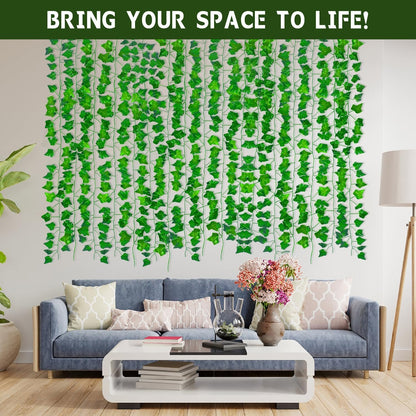 27 Pack 195Ft Artificial Ivy, Garland Fake Vines Leaves Hanging Vine Plants Green Leaves for Bedroom Home Garden Trellis Fence Balcony Wedding Event Decor