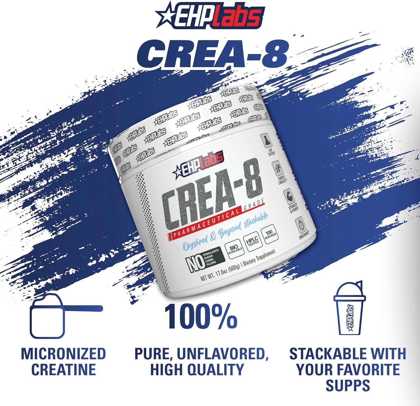 EHPlabs CREA-8 Creatine Monohydrate Powder - Creatine Powder for Building Lean Muscle Mass, Improves Strength & Power, Supports Brain Health - 100 Servings (500g)