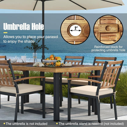 HAPPYGRILL Patio Dining Table for 8, 79" Large Rectangle Table with Acacia Wood Tabletop & Heavy Duty Metal Legs, Outdoor Dining Table with 2" Umbrella Hole for Backyard, Lawn & Garden