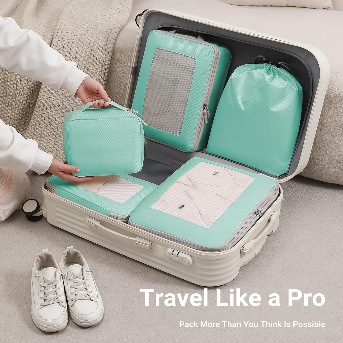 8 Set Lightweight Compression Packing Cubes Travel Organizer for Carry-On Luggage Suitcase Backpack, Space-Saving Luggage Organizer Bags with Extra Shoe Bags, Lake Blue