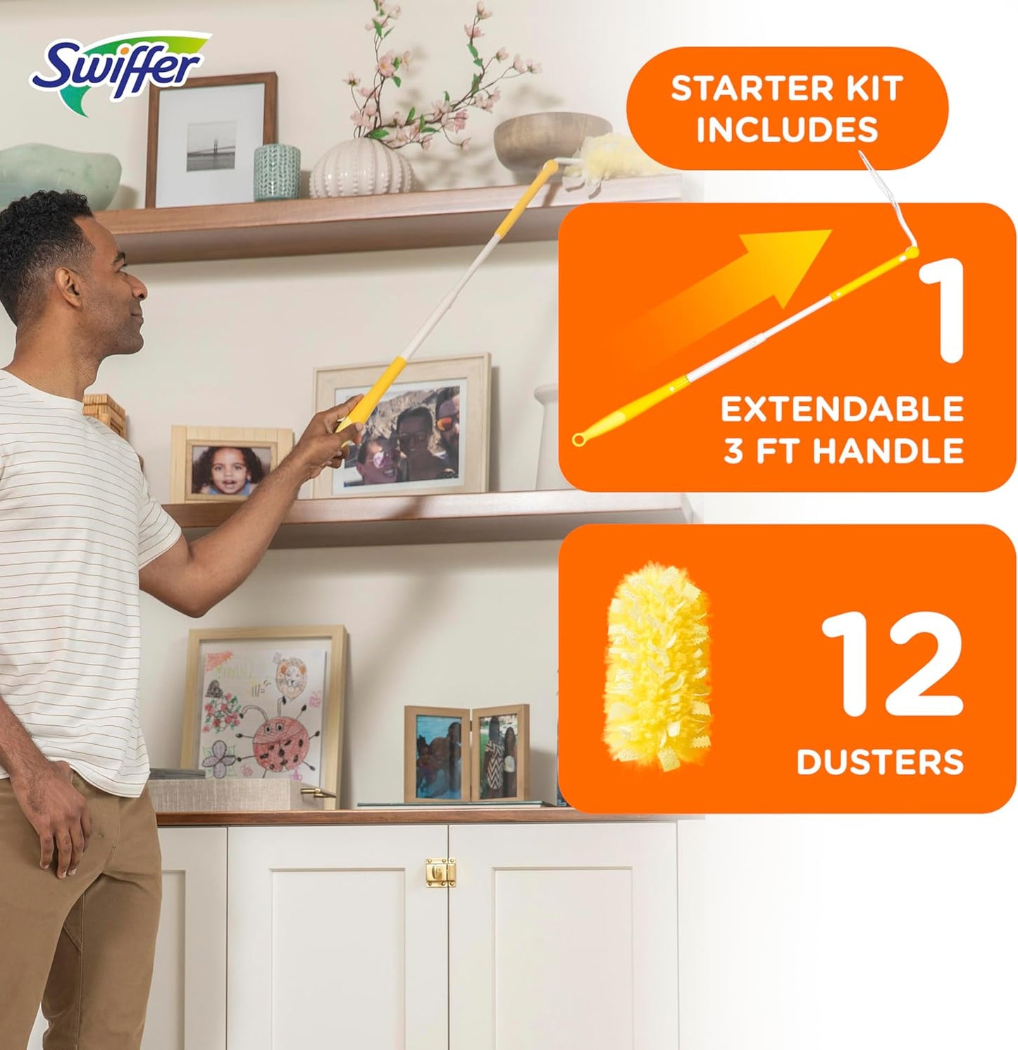 Swiffer Dusters Heavy Duty Extender Handle Starter Kit (1 Handle, 12 Dusters)