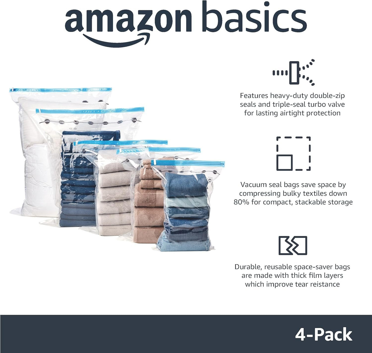 Amazon Basics Vacuum Compression Space Saver Zipper Storage Bags with Hand Pump, for Travel, X-Jumbo, Pack of 4