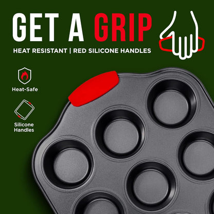 Baking Set – 10 Piece Kitchen Oven Bakeware Set – Deluxe Non-Stick Blue Coating Inside and Outside – Carbon Steel – Red Silicone Handles – PFOA PFOS and PTFE Free by Bakken,Black