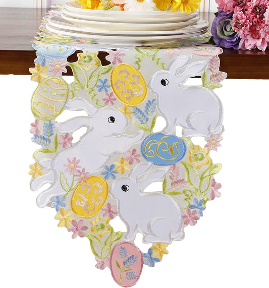 Easter Table Runner Spring Bunnys Flowery Table Runner Cutwork Embroidered Floral and Bunnys Dresser Scarf Table Topper Home Kitchen Dining Tabletop Decoration (Runner 13"×54", Bunny)