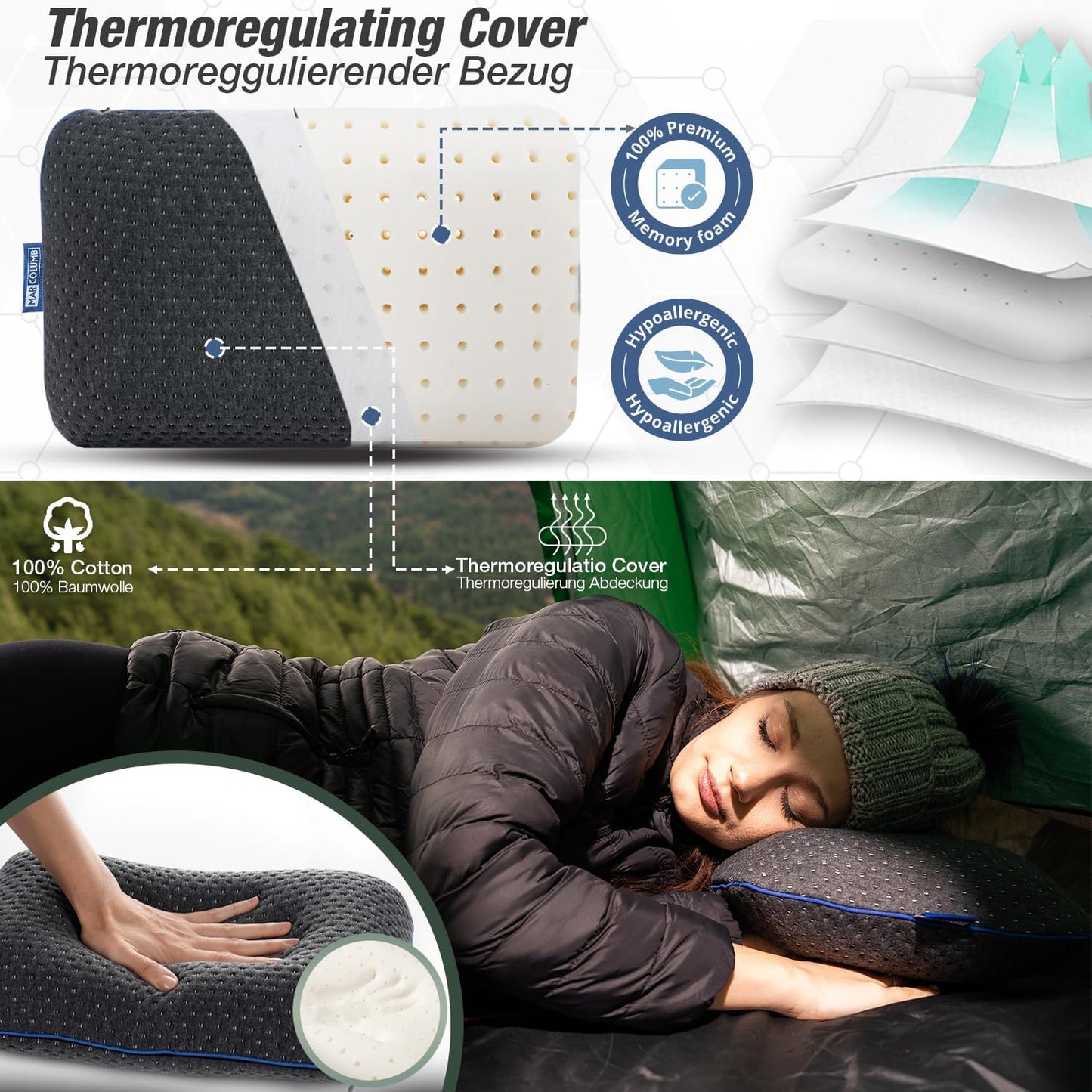 Marcolumb Travel Pillow - Ergonomic Camping Memory Foam Neck Support with Heat Regulating Cover - Waterproof Travel Bag Included (Black)