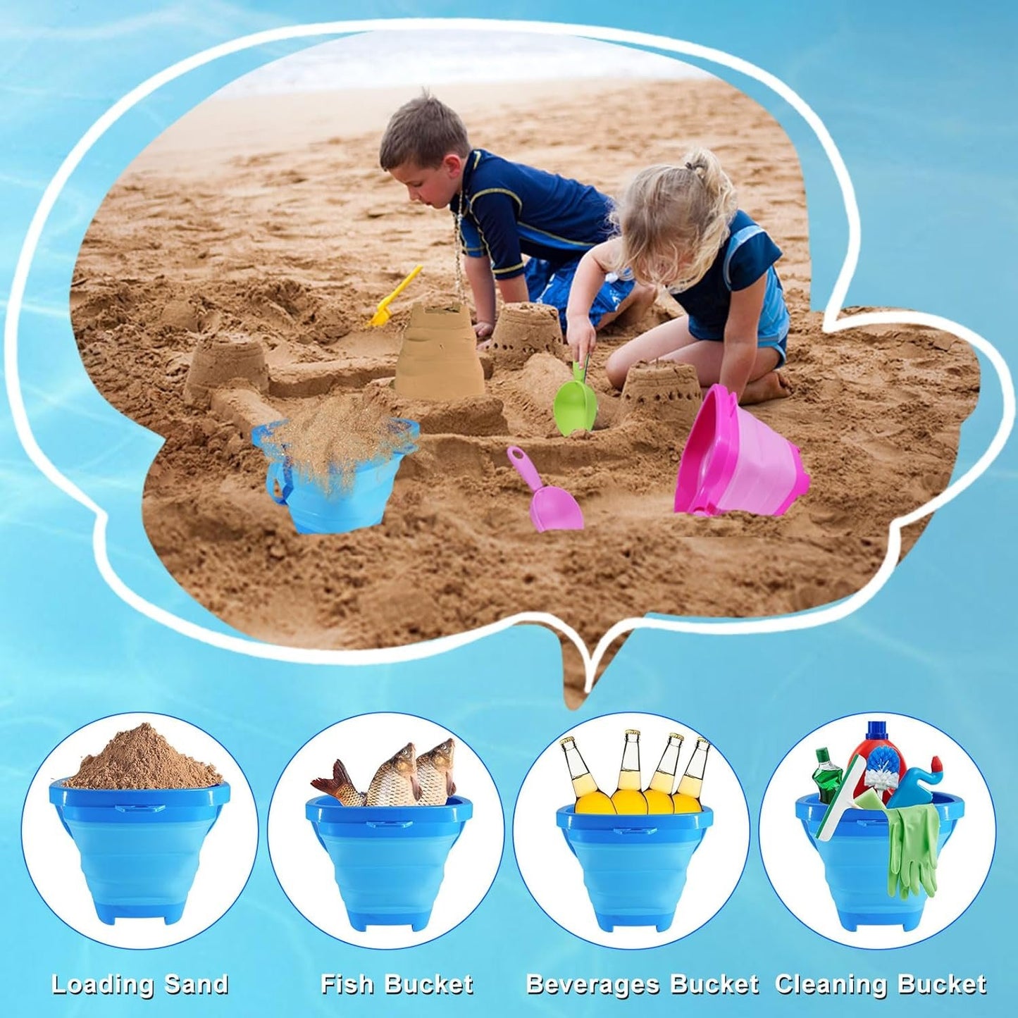 Holady Beach Bucket Sand Toy for Kids,10 PCS Kids Foldable Sand Bucket, Foldable Bucket Portable Silicone Pail and Beach Shovels Set for Kids Beach Play