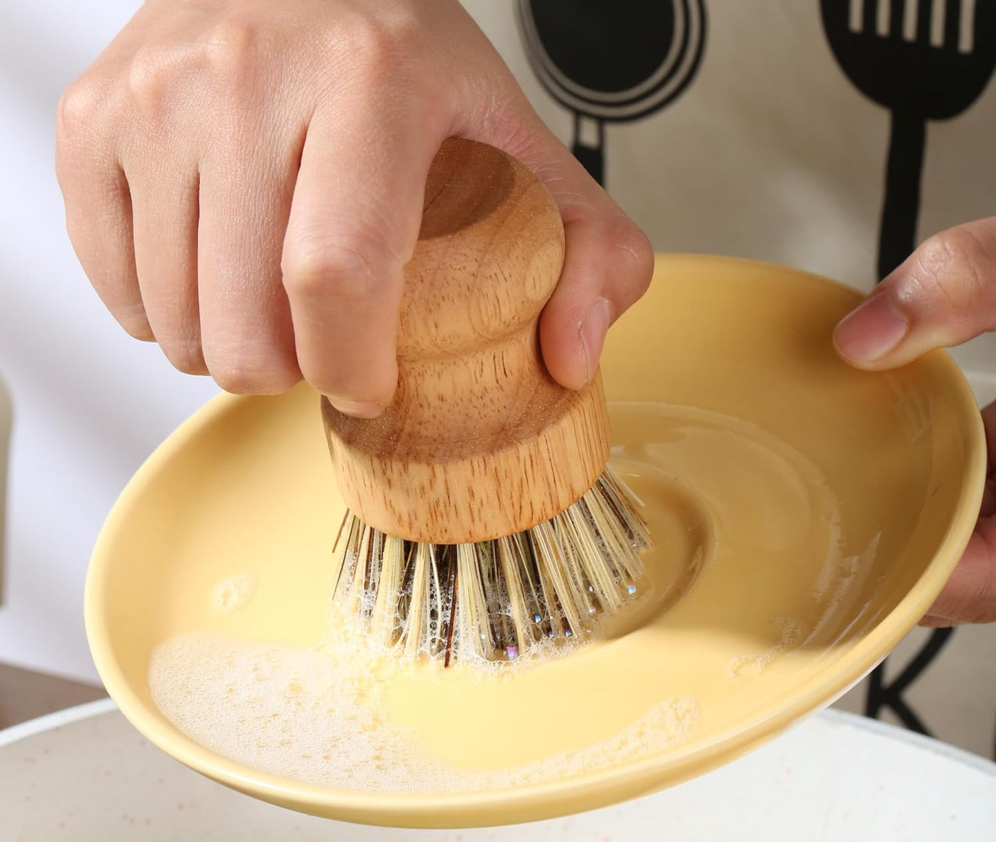 Bamboo Dish Brush Kitchen Coconut Palm Pot Brush Bristles Bamboo Dish Scrub Brushes,Round Mini Cleaning Brush Dish Scrubbers Brush,Washing Dishes,Vegetable,Pots, Pans, Set of 3