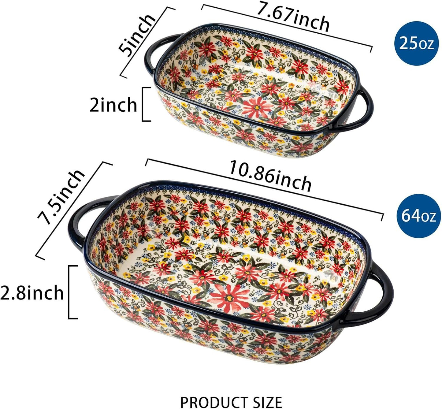 ONECCI Baking Dish Ceramic Baking Pan Blue Casserole Dish Rectangular Baking Set 2pcs Bakeware Sets Lasagna Pan Baking Dishes for oven (Exotic Daisy)