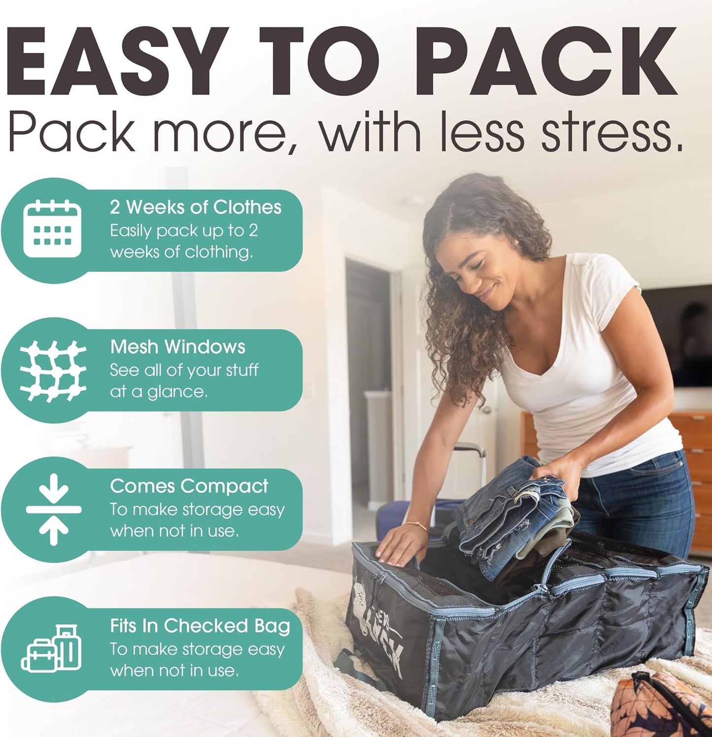 Pack Gear Suitcase Organizer | Pack More in your Large or Carry On Luggage | Unpack Instantly with these Compression Packing Cubes for Suitcases | Hanging Shelf Organizer for Closet (Black)