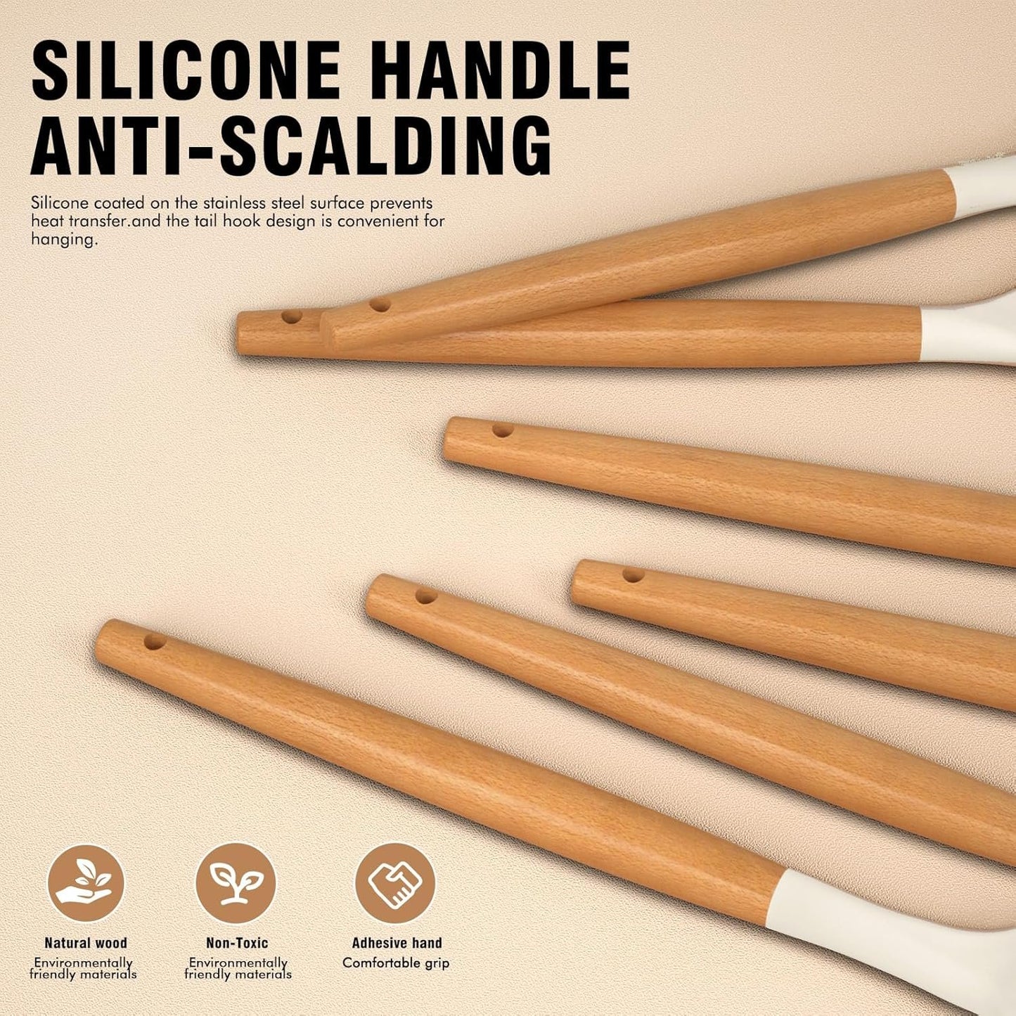 Silicone Kitchen Utensils Set, Silicone Kitchen Utensils for Cooking Wooden Handles, Heat Resistant Up to 230℃, Kitchen Spatula Set with Stand, Cookware Gadgets