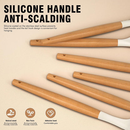 Silicone Kitchen Utensils Set, Silicone Kitchen Utensils for Cooking Wooden Handles, Heat Resistant Up to 230℃, Kitchen Spatula Set with Stand, Cookware Gadgets