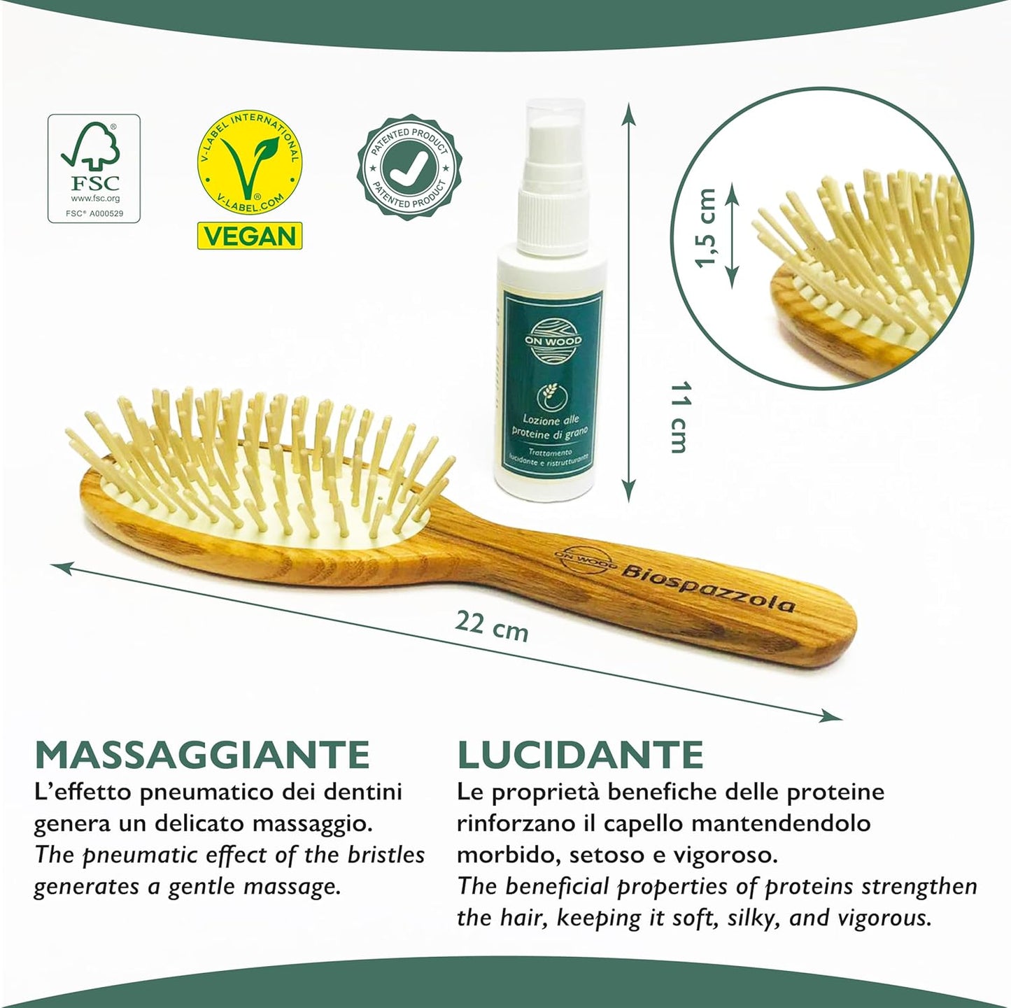 ONWOOD - Massage Brush in Ash Wood with Shine Lotion, Suitable for All Hair Types, Counteracts Hair Loss