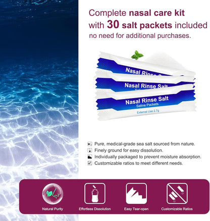 Neti Pot Sinus Rinse Bottle Nose Wash Cleaner Pressure Rinse Nasal Irrigation for Adult & Kid BPA Free 300 ML with 30 Nasal Wash Salt Packets and...