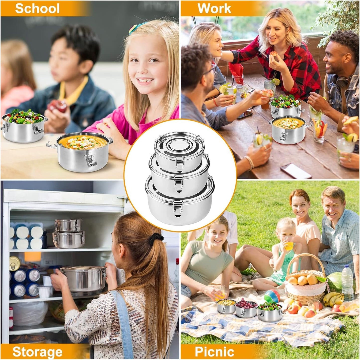 Leepenk Premium Stainless Steel Food Storage Containers 304 Grade The Original Leak-Proof, Airtight, Smell-Proof - Perfect For Camping Trips, Lunches, Leftovers, Soups, Salads