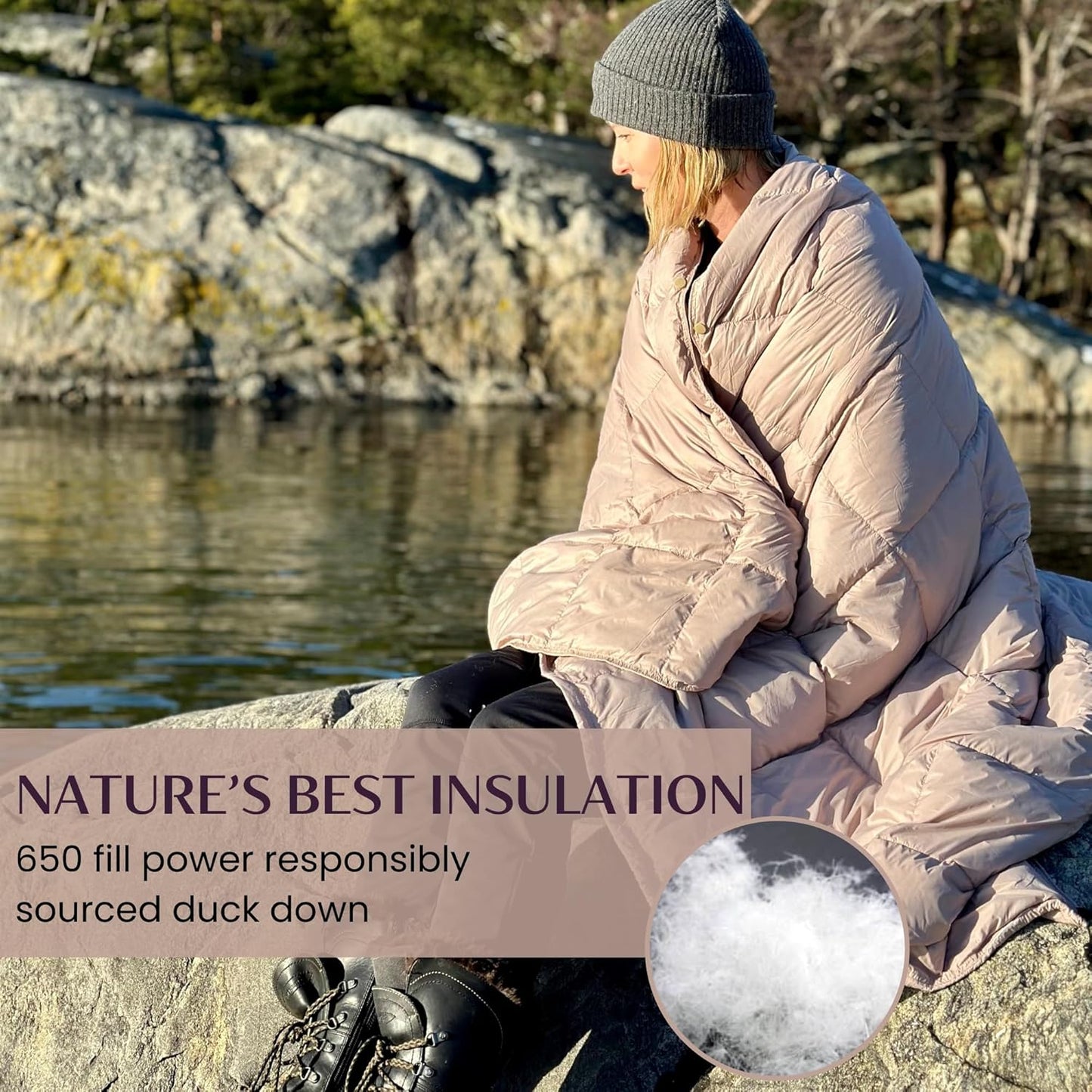 Down Camping Blanket with Footbox - Packable Warm Puffy Ultralight Camp Quilt - Fill Power 650 - Water Resistant for Backpacking Hiking Travel – Compact Outdoor Throw Sleeping Blanket with Bag - 52x77