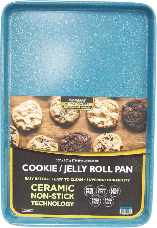 casaWare 15 x 10 x 1-Inch Ultimate Series Commercial Weight Ceramic Non-Stick Coating Cookie/Jelly Roll Pan (Blue Granite)