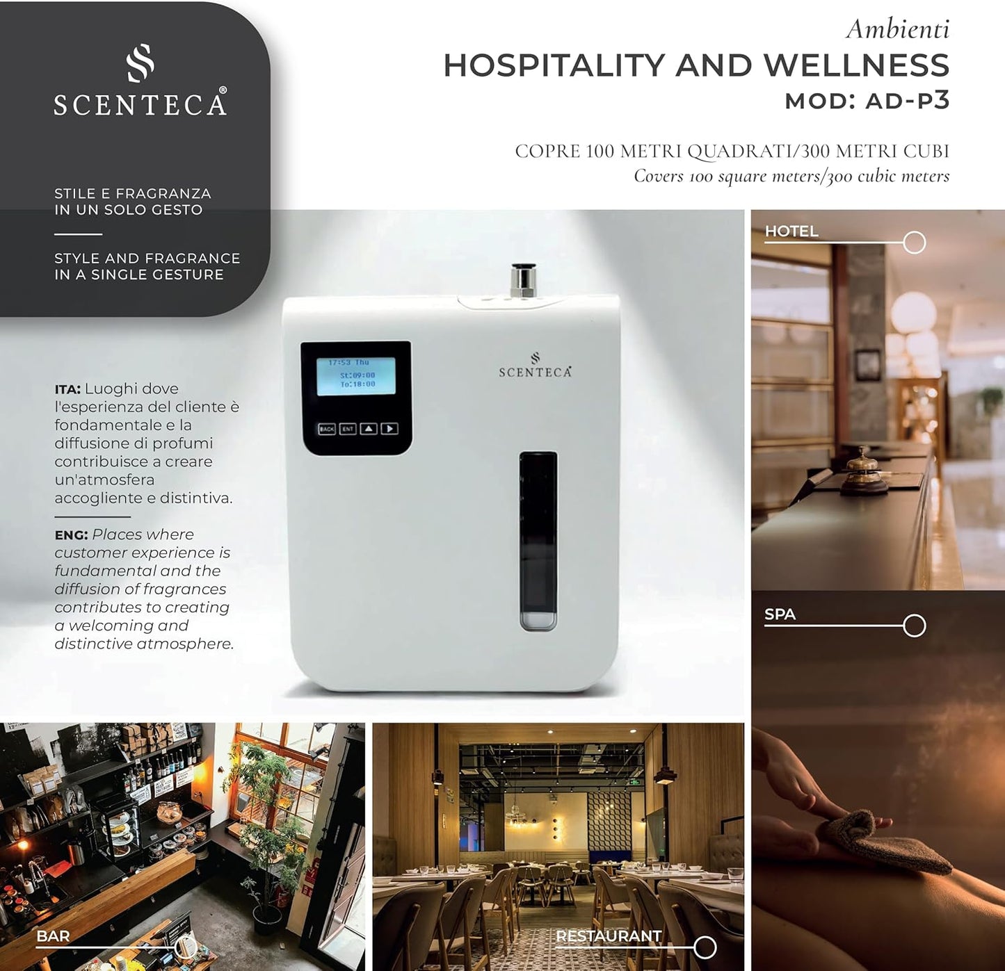 SCENTECA® AD-P3 Fragrance Diffuser for Domestic and Commercial Use Mist, Connectable Hvac, Coverage up to 100 m²/300 mc, 100 ml Fragrance Included "The White and Spring Flowers"
