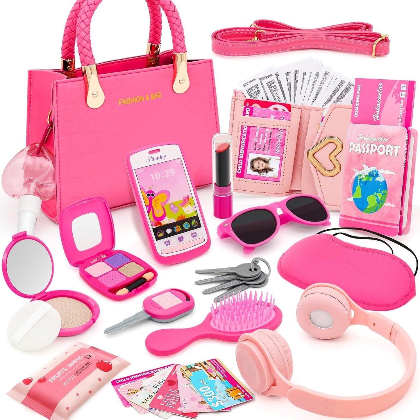 Little Girl Purse with Pretend Makeup for Toddlers, 49PCS Kids Play Purse Set - Princess Toy Accessories, Pretend Play Headset Wallet Phones Sunglasses Keys Credit Cards Birthday Gift for Girls Age 3+