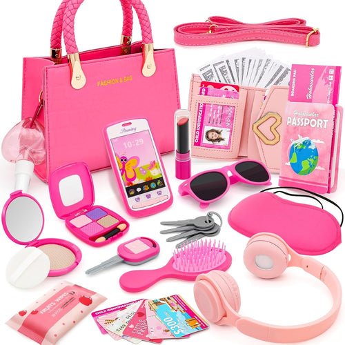 Little Girl Purse with Pretend Makeup for Toddlers, 49PCS Kids Play Purse Set - Princess Toy Accessories, Pretend Play Headset Wallet Phones Sunglasses Keys Credit Cards Birthday Gift for Girls Age 3+