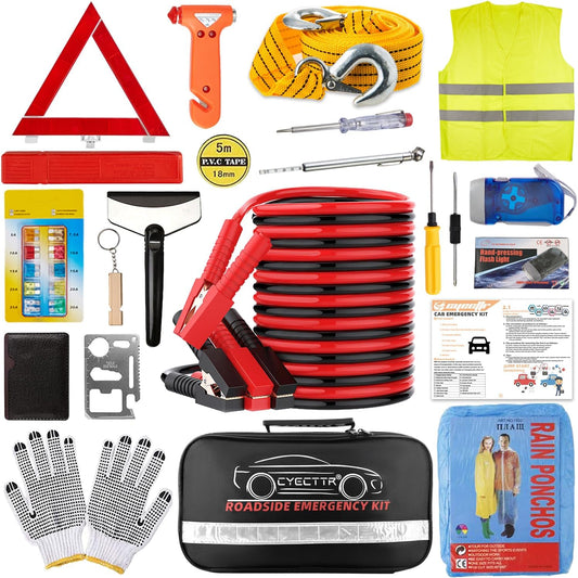 Multipurpose Roadside Emergency Assistance Kit-Jumper Cables,Safety Hammer,LED Flash Light,Tow Strap,Safety Vest and More Ideal Winter Survival Pack Accessory for Your Car,Truck or SUV