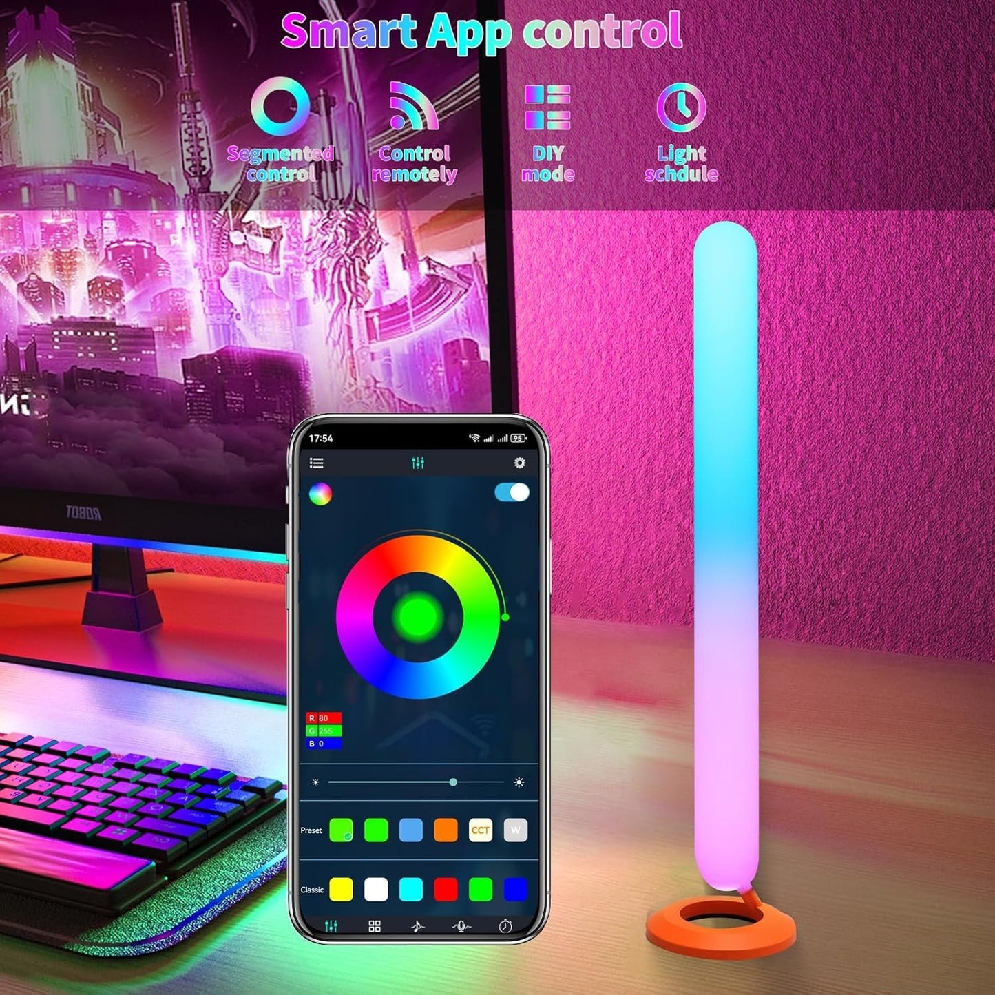 Smart LED Light Bars for Gaming & TV Backlight, RGBIC 16M Colors with Music Sync, App & RF Remote Control, USB-Powered Ambient LED Bars (2-Pack)