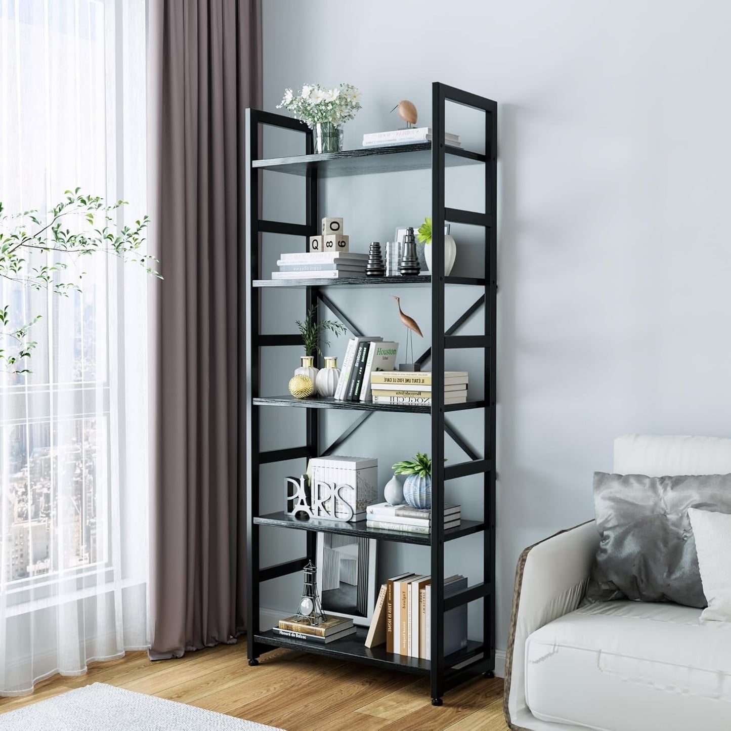 Leadiy Industrial Bookshelf,5-Tier Rustic Black Book Shelves,24”Storage Rack with Metal Frame，Standing Wood Bookcase, Display and Book Organization in Living Room,Bedroom 24 * 11.8 * 63 inch(Black