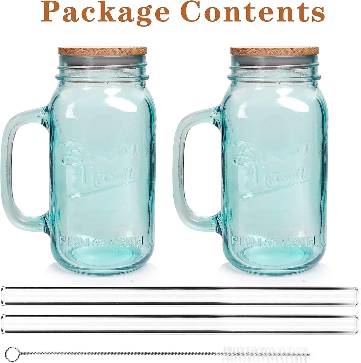 ANOTION Mason Jar with Handle - Colorful Drinking Glasses Colored Glass Cups with Lids and Straws Colored Glasses Drinking Set of 2 Mason Jars Iced Coffee Cups Tumblers Smoothie Water Bottles