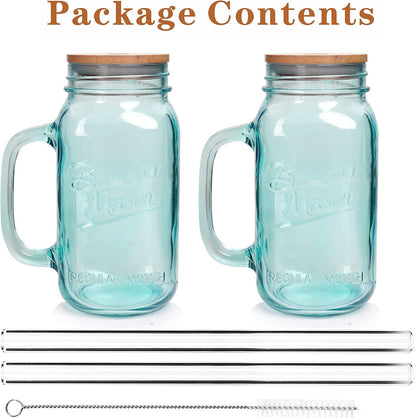ANOTION Mason Jar with Handle - Colorful Drinking Glasses Colored Glass Cups with Lids and Straws Colored Glasses Drinking Set of 2 Mason Jars Iced Coffee Cups Tumblers Smoothie Water Bottles
